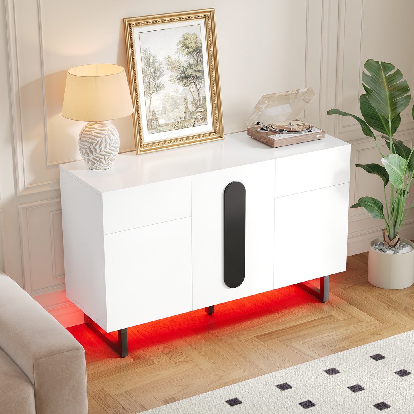 Modern Sideboard 120 Cm With Large Storage Space, Drawers & Doors  White With Black Handles & Metal Legs, Versatile In The Dining Room, Living Room Or Kitchen  Stylish, Practical & Stable.