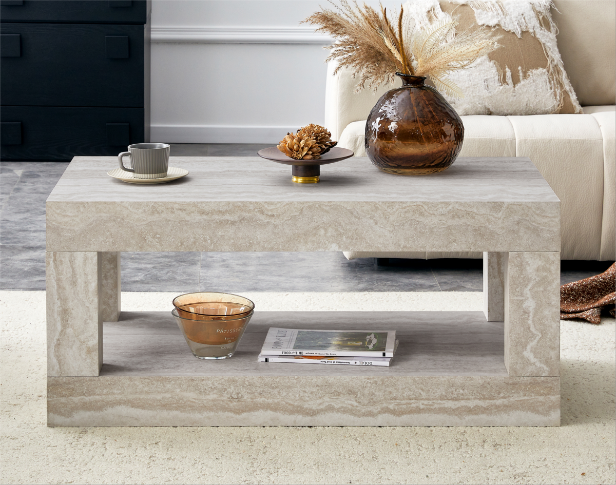 Modern 2-Tier Coffee Table For Living Room Furniture,Rectangular Center Table With Open Storage Shelf.The Double Layered Coffee Table Is Made Of MDF Material.Stable And Durable,Easy Assembly
