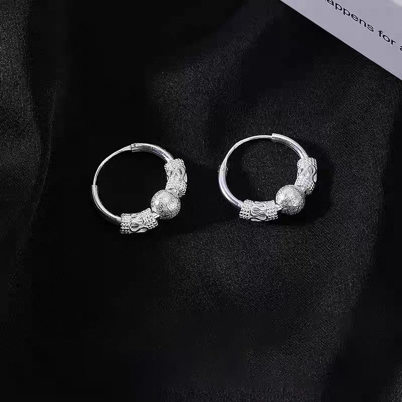 1 Pair 999 Sterling Silver Matte Bead Hoop Earrings, Retro Lucky Style, Perfect For Daily Wear And Valentine's Gift