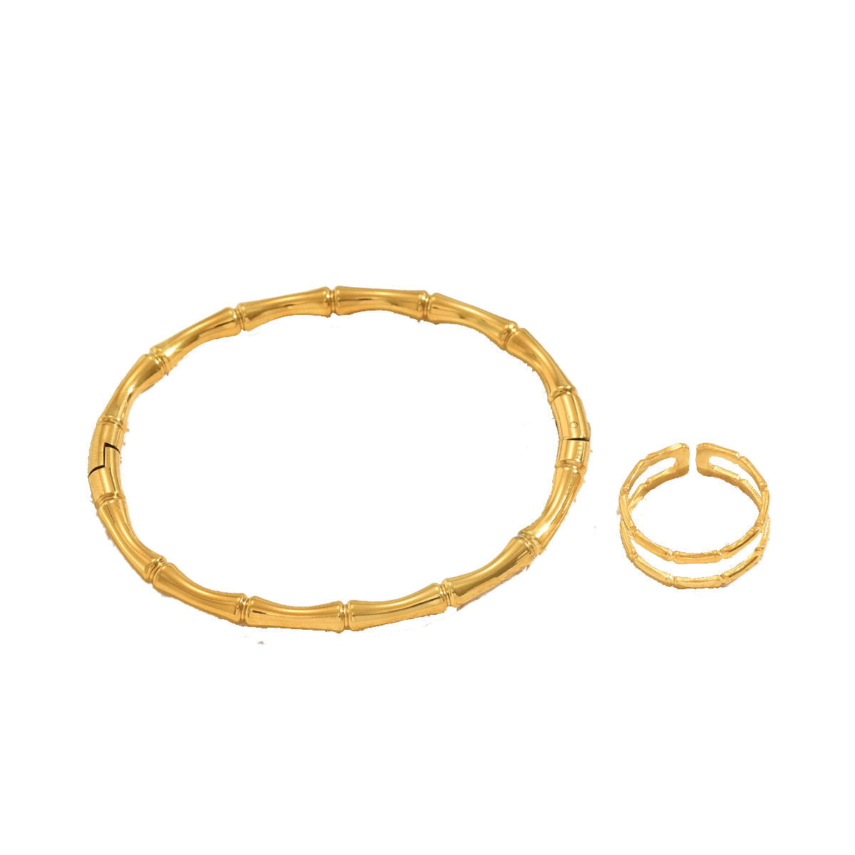 Cross-border European American Jewelry Set, Fashion Electroplated Metal Bamboo Joint Design, Niche Open Bangle & Matching Ring, Elegant Versatile Daily Matching Accessories For Women