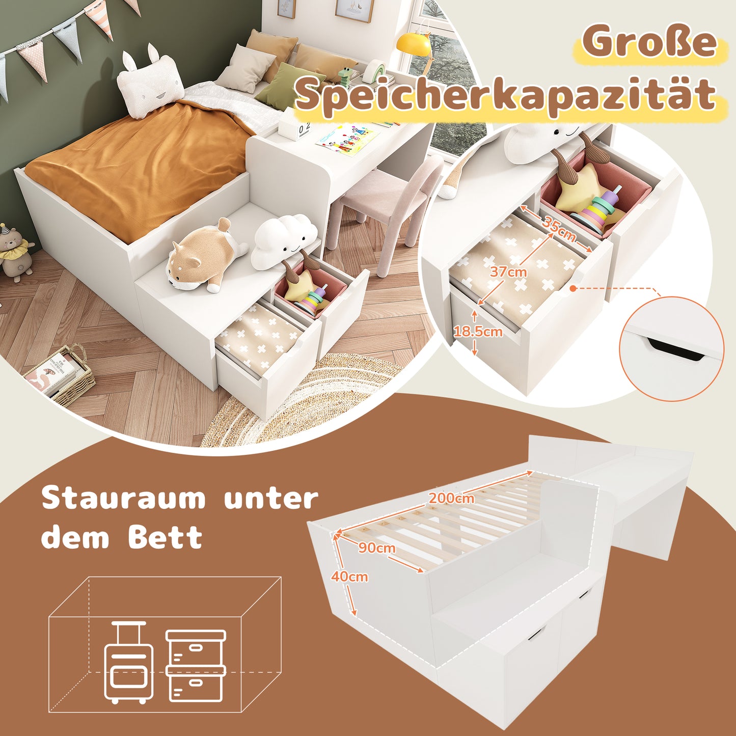 Children's Bed, Solid Wood Single Bed With Desk And Drawers, 90 X 200 Cm, White, Storage Bed With Slatted Frame, For Boys & Girls  Without Mattress