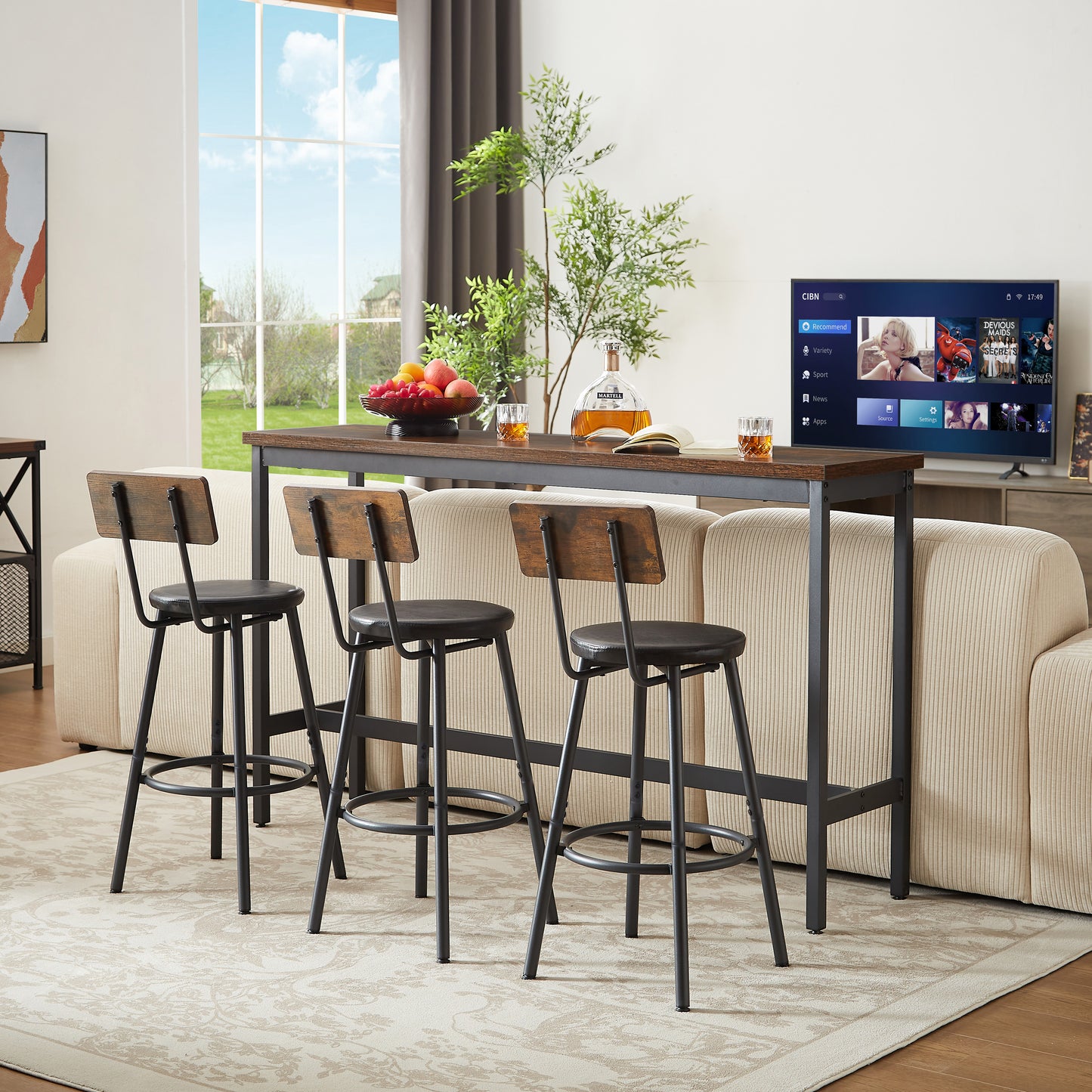 Long Bar Table With 3 PU Upholstered Bar Stools, Industrial Bar Table And Chairs For Kitchen, Breakfast Room, Living Room, Banquet Hall, Rustic Brown And Black