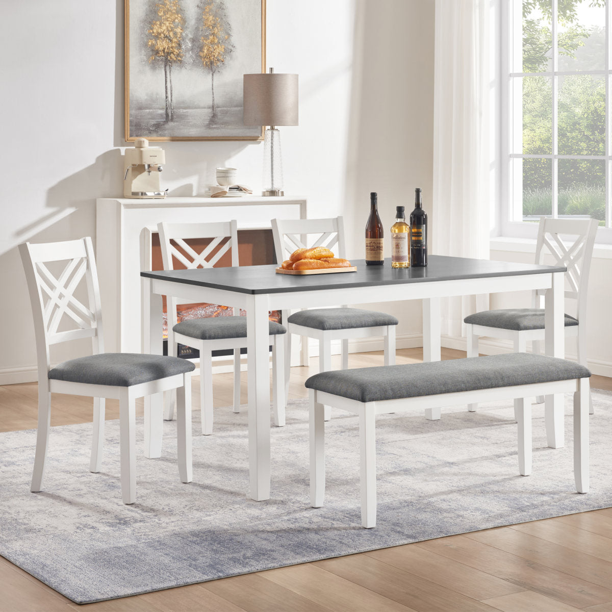 6 Piece Kitchen Dining Set, Rectangular Wooden Dining Table with 4 Upholstered Chairs and a Bench, Dining Table Set for 6 People, Living Room and Kitchen, Grey & White two tone