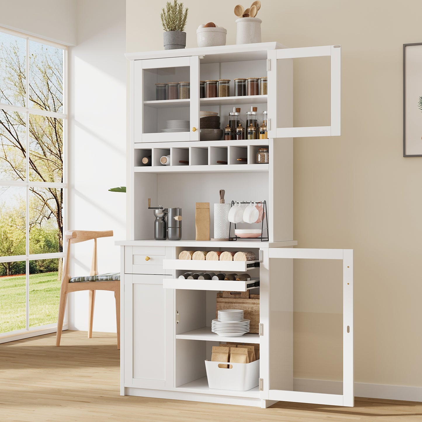 TOPMAx Farmhouse 35.4x17.7x74.8inch Freestanding Buffet With Hutch  Tall Kitchen Pantry Storage Cabinet With Wine Rack And Adjustable Shelves For Dining Room  White