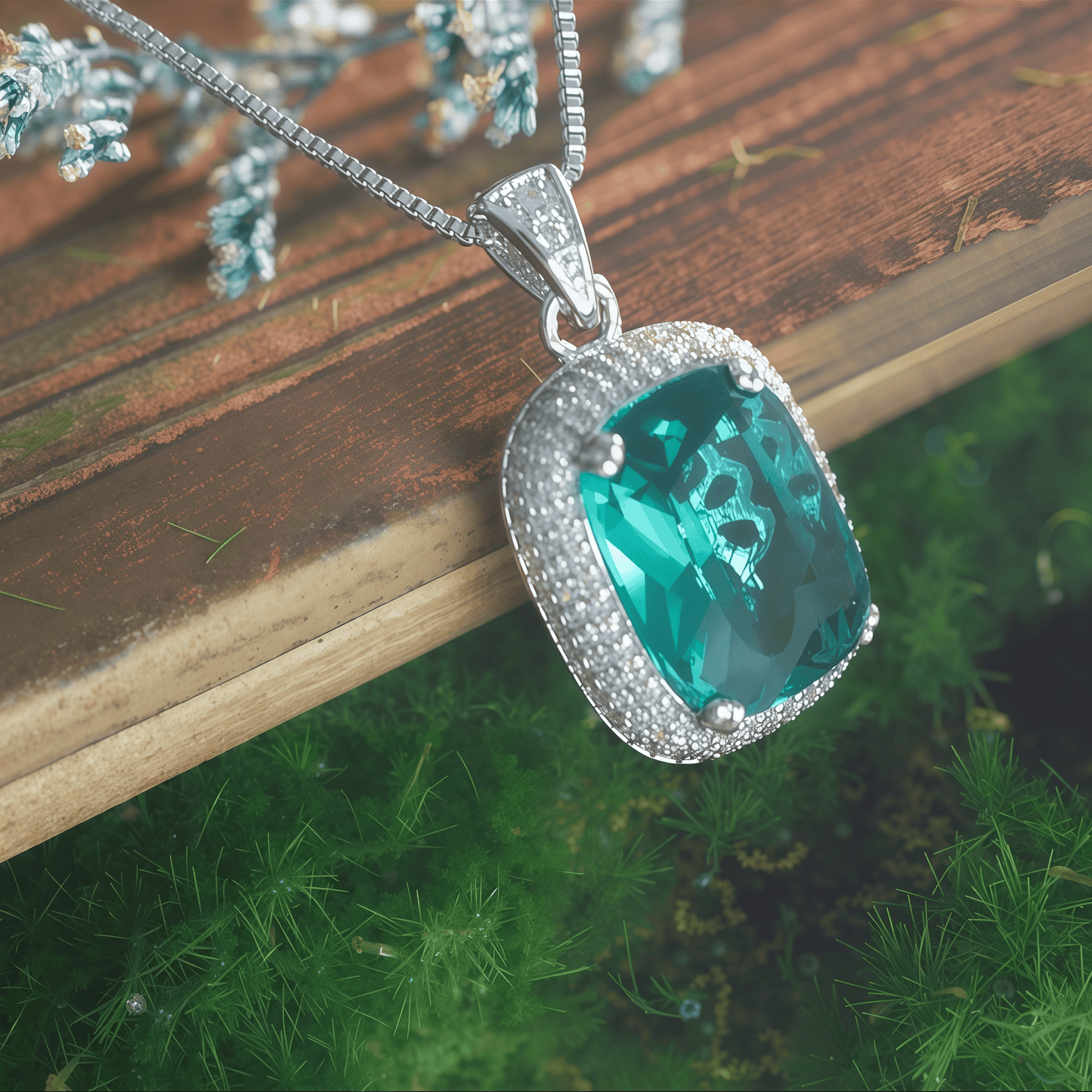 Cushion Cut Emerald Green CZ Halo Pendant Necklace For Women, Copper Plated Silver White Cubic Zirconia Halo Statement Wedding Bridal Jewelry Gift