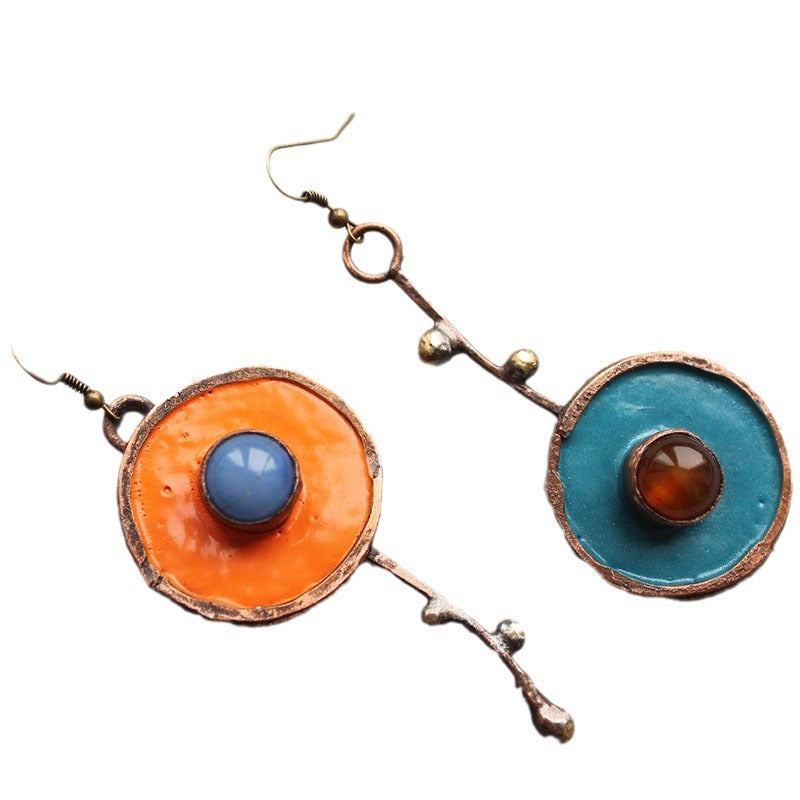 Creative Best-Selling Asymmetric Graffiti Antique Red Copper Earrings