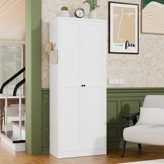 72  White Metal Kitchen Pantry Cabinet With Doors, Heavy-Duty Freestanding Storage Organizer With 5 Adjustable Shelves, Tool-Free Assembly For Pantry, Kitchen, Bathroom