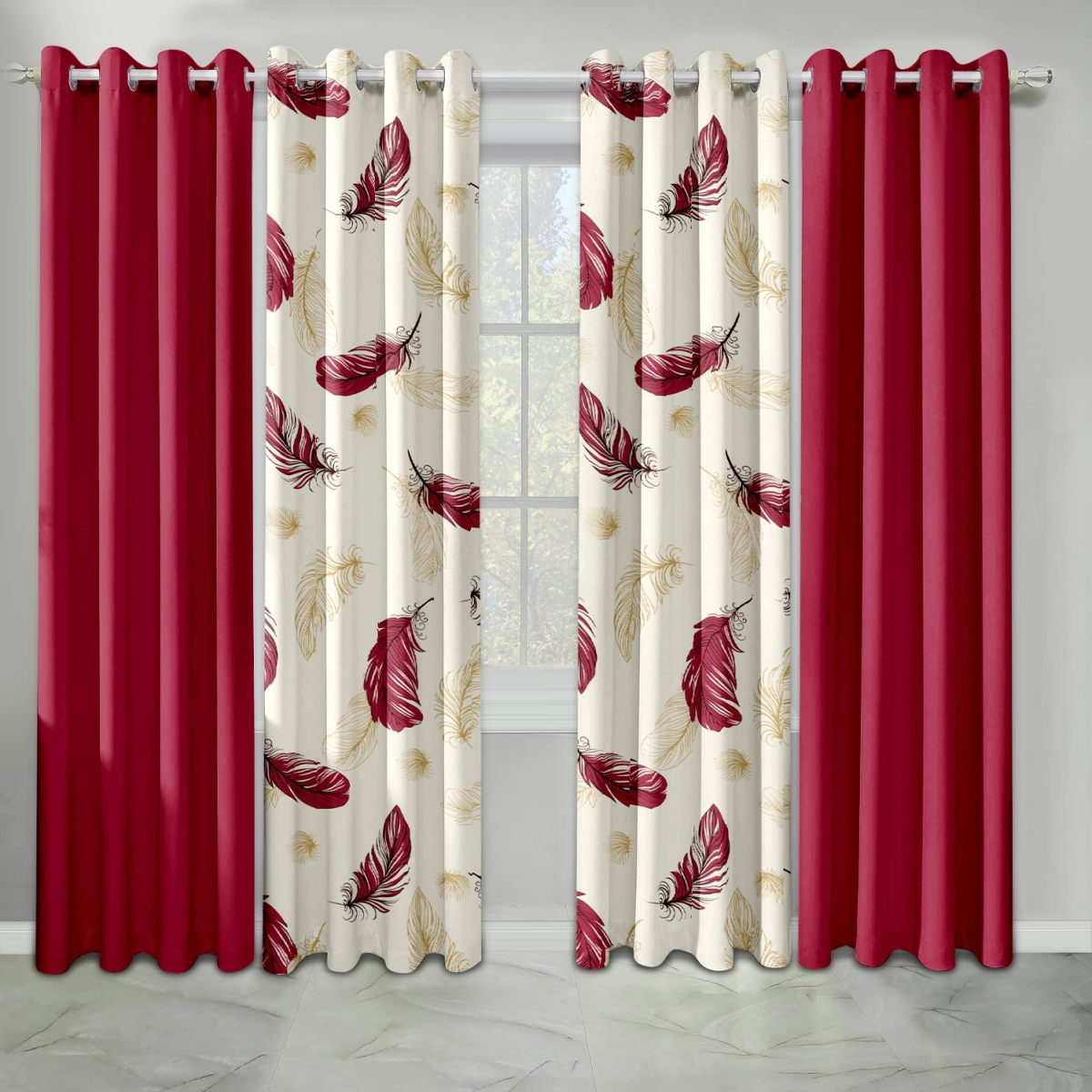9 Piece Room In A Bag Quilt And Curtain Set, US Designer Burgundy Gold Boho Feather Print Heavyweight Bedspread With 6 Customizable Window Panels, Pet-Friendly High GSM Coverlet