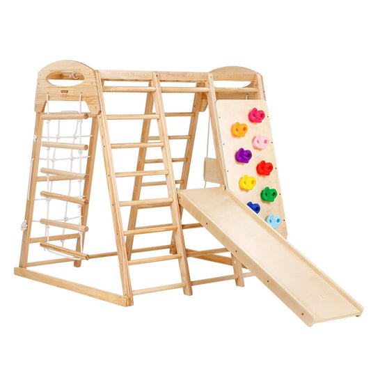 Indoor Jungle Gym, 7-in-1 Toddler Indoor Playground, 43 X 47.2 X 47 Inch, With Wood And Rope Ladder, Net Ladder, Swing, Monkey Bar, Slide, Climbing Wall, Wooden Indoor Climbing Toys For Kids