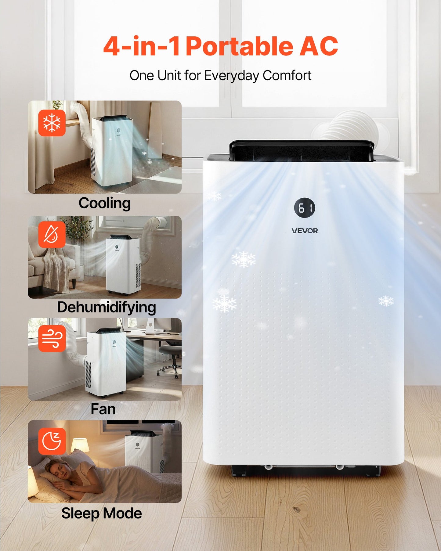 Portable Air Conditioner, 12000 BTU ASHRAE (8150 BTU SACC) 4-in-1 Standing Cooling Ac Unit, LED Touch Panel & Remote Control, 24h Timer, Cooling, Dehumidifier, Fan, Sleep Mode For Room Indoor