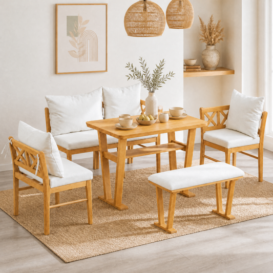 Small Farmhouse Solid Wood Kitchen Nook Dining Room Breakfast Nook Table Set for 6, Space Saving High Top Corner Dining Table with Bench and Chairs (6 Piece)