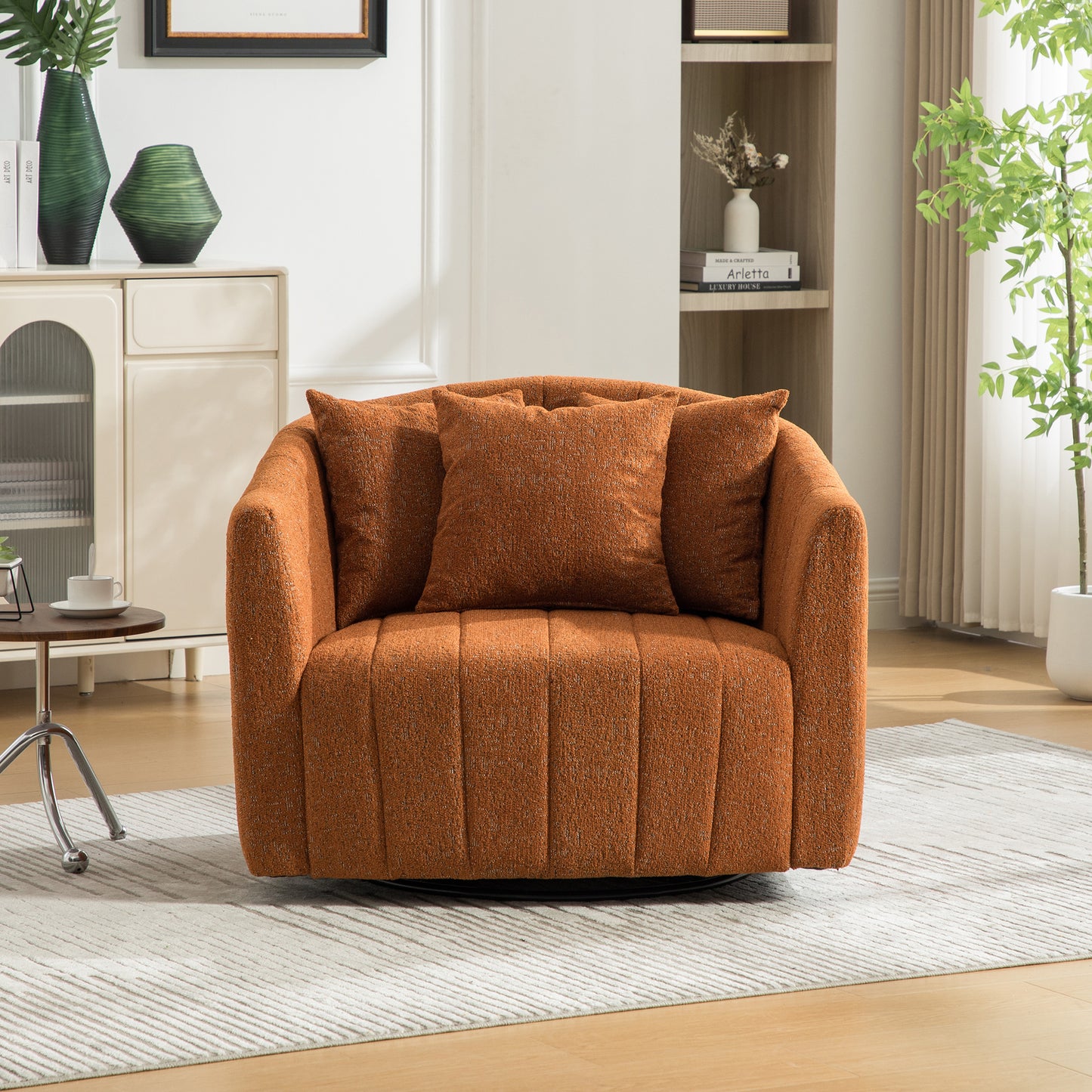 39 W Upholstered Oversized 360 Swivel Accent Barrel Chair And Half Cozy Sofa With 3 Pillows, Chenille Channel Tufted Pumpkin-Shape Club Armchair For Living Room, Bedroom, Office, Lounge,Orange