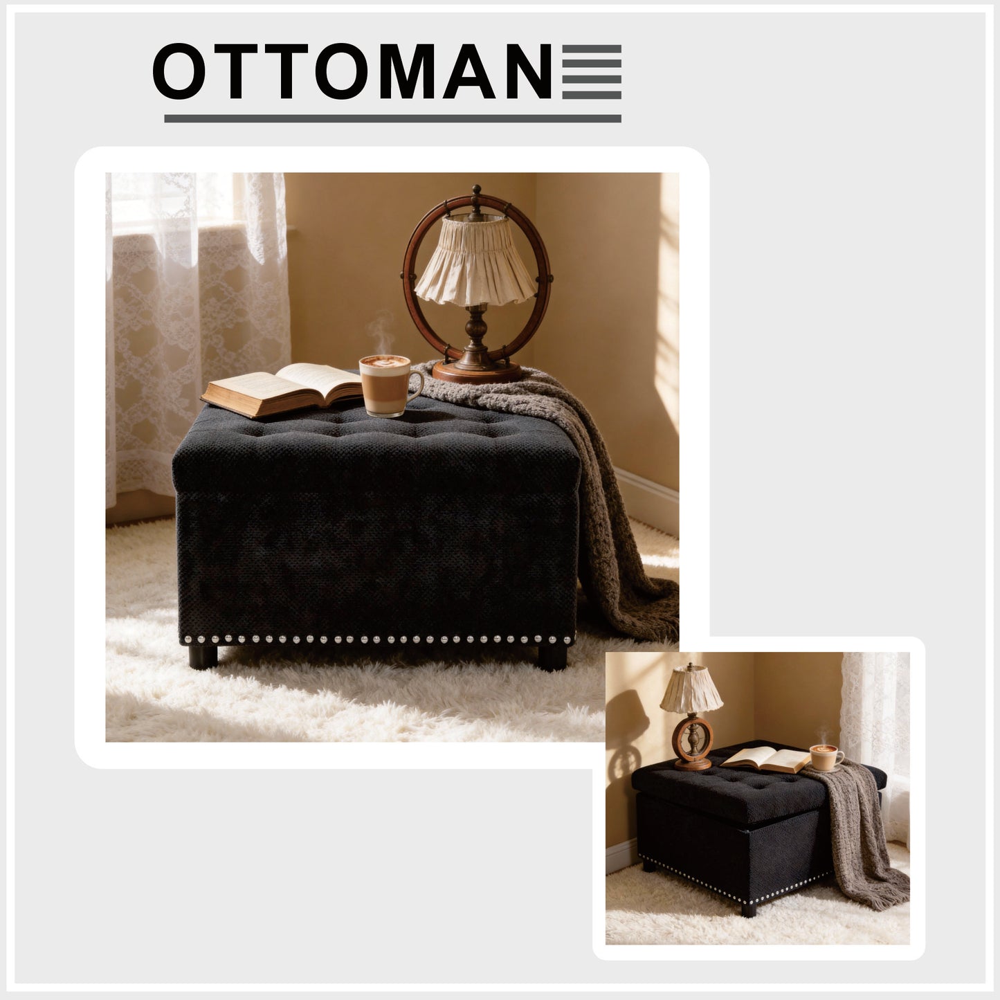 Storage Ottoman, Tufted Footstool, Nailhead Trim Ottoman, Square Storage Ottoman, Upholstered Coffee Table, Bedroom Storage, Living Room Accent, Black Ottoman, Small Space Furniture, Home Decor.