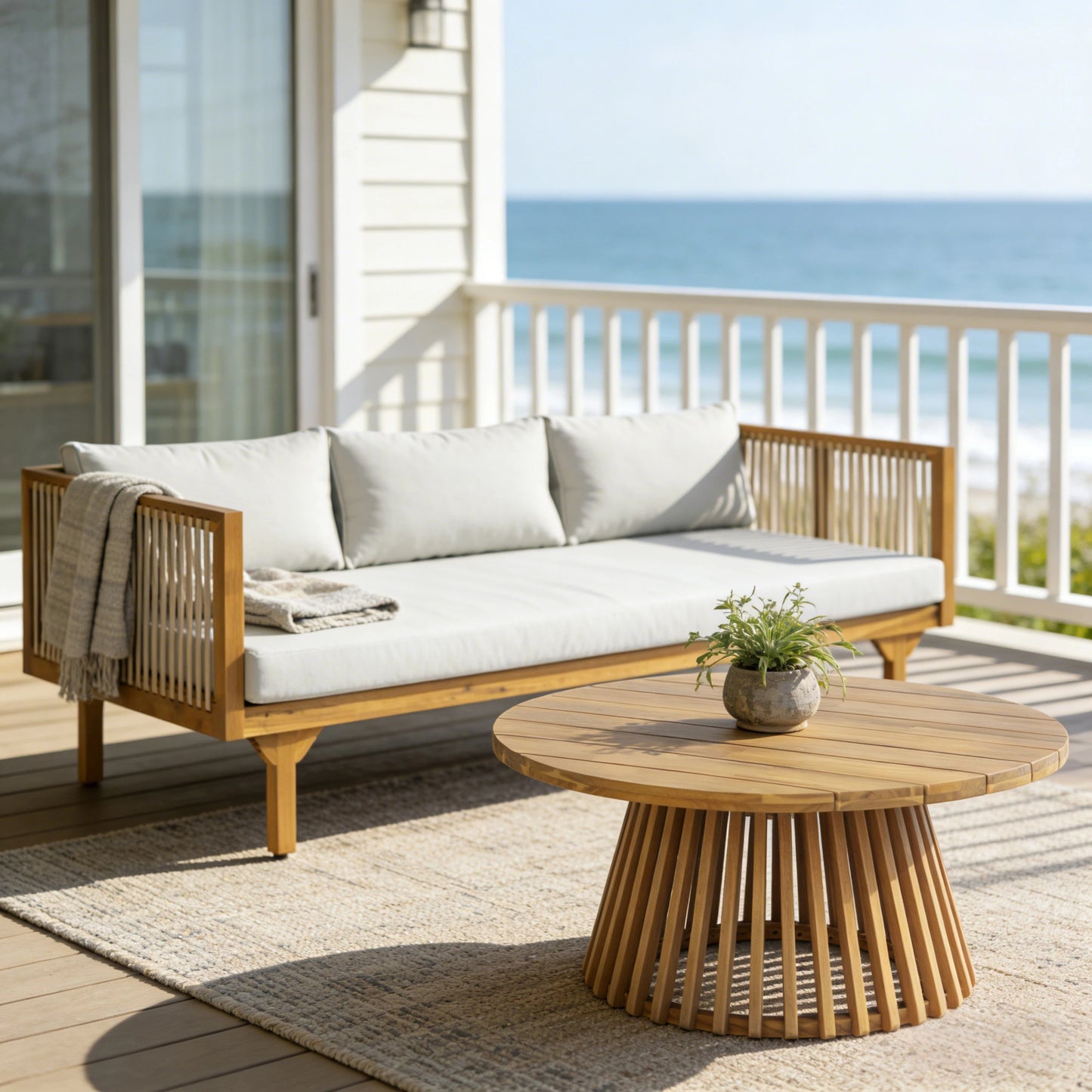 2-Piece Outdoor Patio Set Sofa With Light Gray Cushions & Light Brown Rope Back   Round Acacia Wood Coffee Table, Teak Finish, Water Repellent, 600 Lbs Sofa Capacity