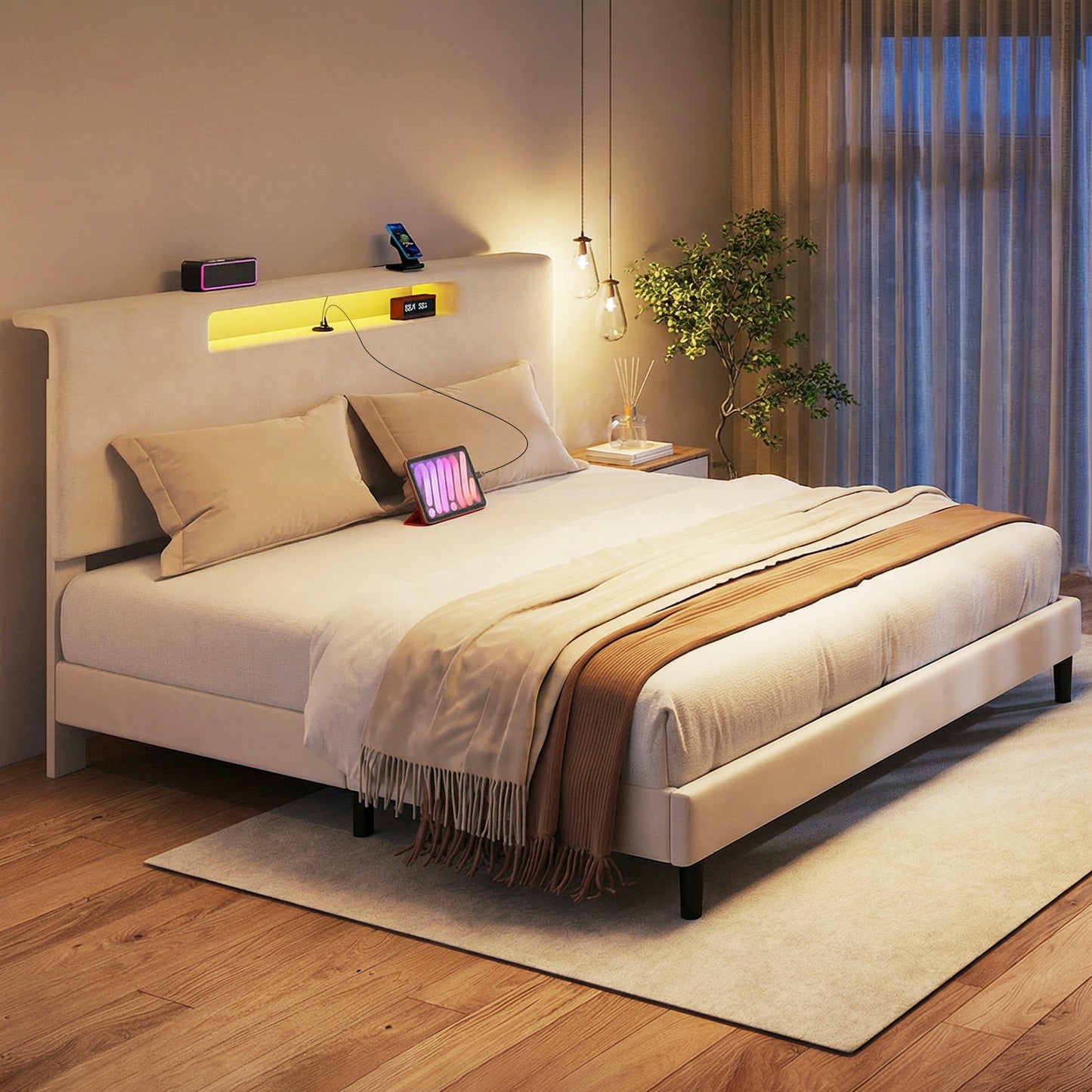 King Size Bed Frame Upholstered High Headboard Mattress Foundation Frame With Adjustable LED Light Charging Function Wood Slat Noiseless No Box Spring Needed Easy Assembly