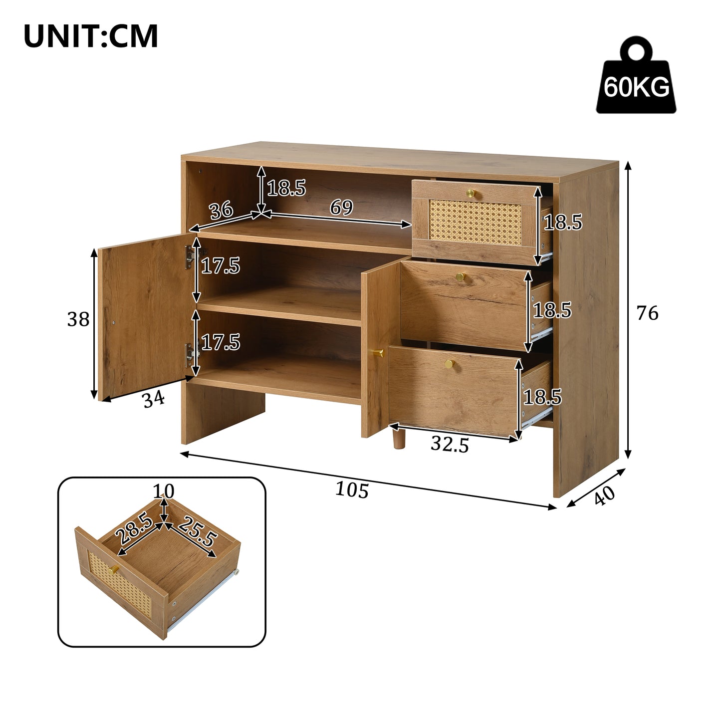 Sideboard, Kitchen Cabinet, Living Room With 2 Doors And 3 Drawers, Drawer Cabinet With Rattan & Gold Handles, Buffet Cabinet Chest Of Drawers For Kitchen, Wood Color, 105 X 40 X 76 Cm