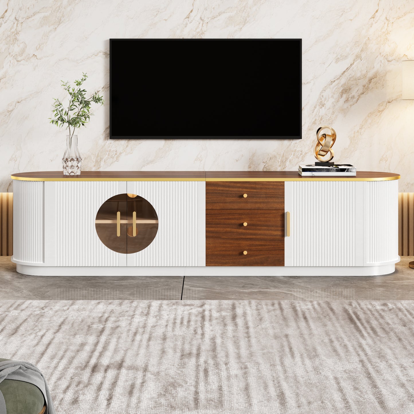 Luxury Style TV Cabinet, Lowboard, Amber Glass, MDF Body, Aluminum Handles, Rounded Edges, Vertical Groove Look