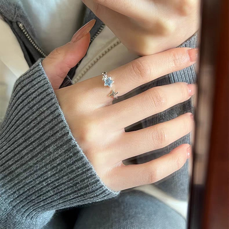 1pc 999 Sterling Silver Blue Zircon Star Open Ring, Fresh & Elegant Style, Perfect For Daily Wear & Valentine's Day Gift
