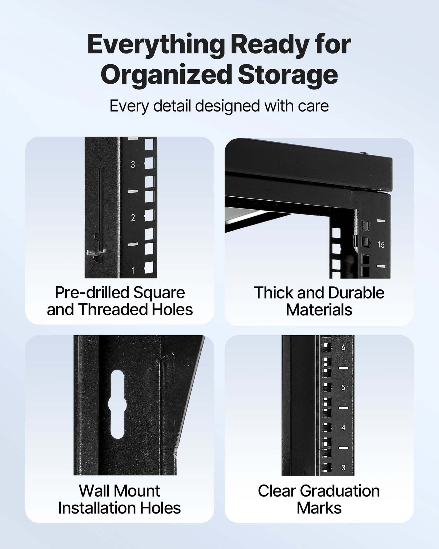 15U Wall Mount Server Rack, 150 Lbs Max Load Capacity, Open Frame Network Rack With 180 Degrees Gate Swing, Carbon Steel, For 19-Inch IT Network Equipment & AV Devices Computer Server, Black