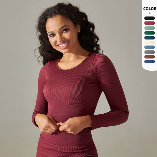 Seamless Knitted Solid Color Striped Tight T-shirt Top Fitness Exercise Yoga Clothes