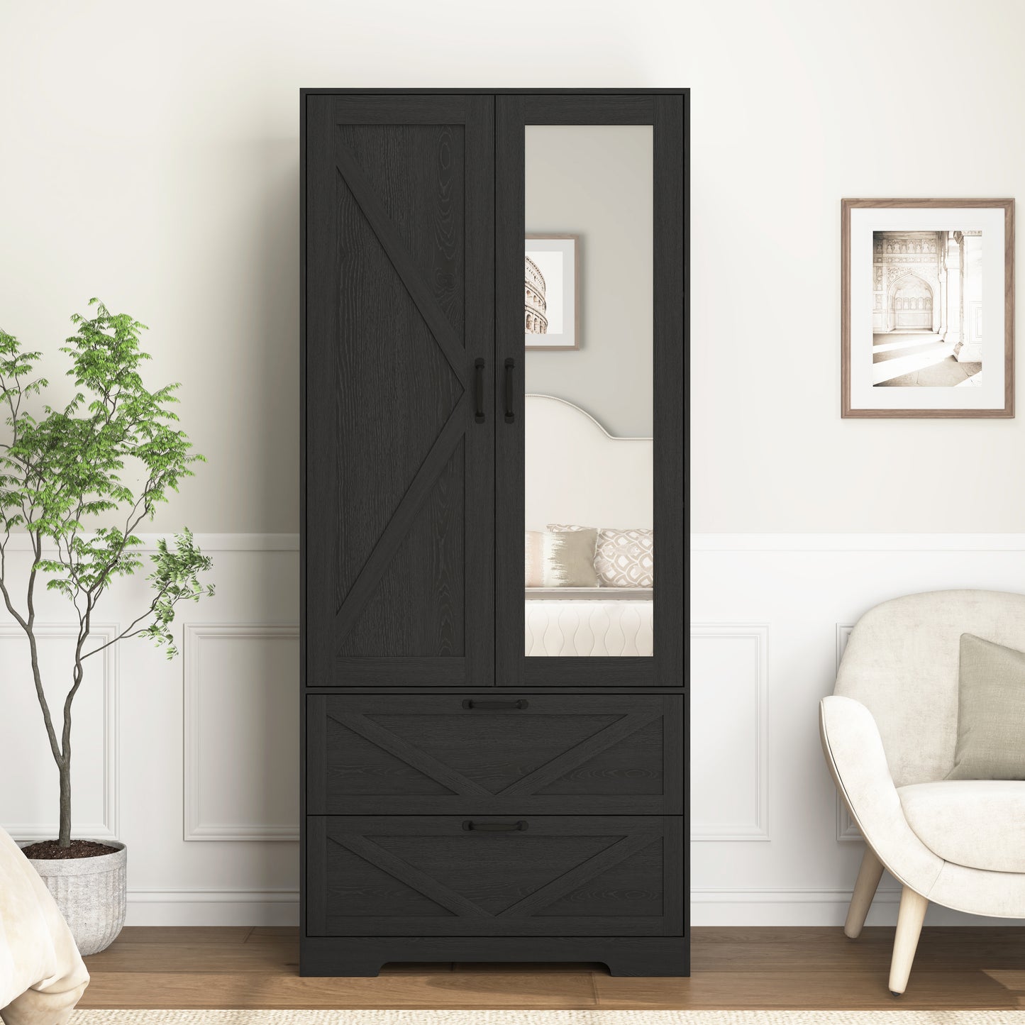 2 Door Wood Wardrobe For Bedroom With Hanging Clothing Rod Inside The Cabinet And 2 Drawers For Storage Organization, Built-in Induction Light Multifunctional Closet With Mirror, Black