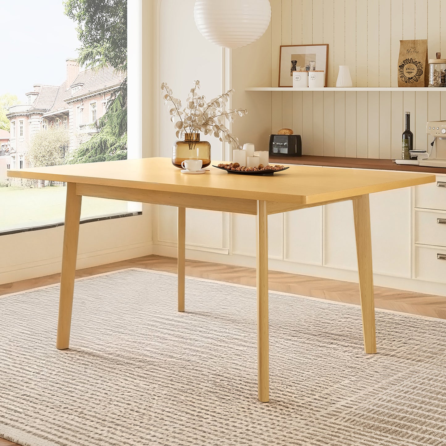 60  Rustic Farmhouse Dining Table - Solid Wood Frame, Minimalist Modern Dining Table For Kitchen, Dining Room, Living Room, Natural