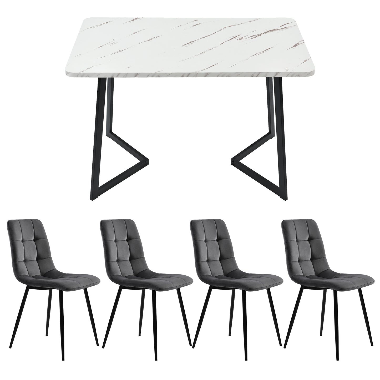 117x68cm Dining Table With 4 Chairs Set, Rectangular Dining Table Modern Kitchen Table Set,Dining Room Chair  Dark Grey Velvet Kitchen Chair,Black Table Legs