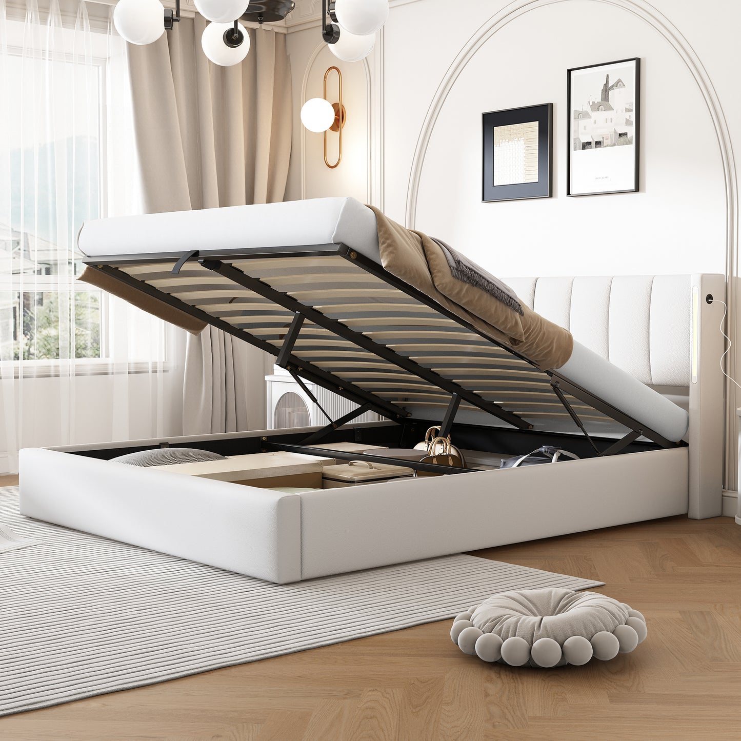 Binaural LED Upholstered Bed 180 X 200 Cm, Hydraulic Bed, Rechargeable USB Port In Bed, With LED Lighting, With Storage, Adjustable Headboard, PU Pebble, White