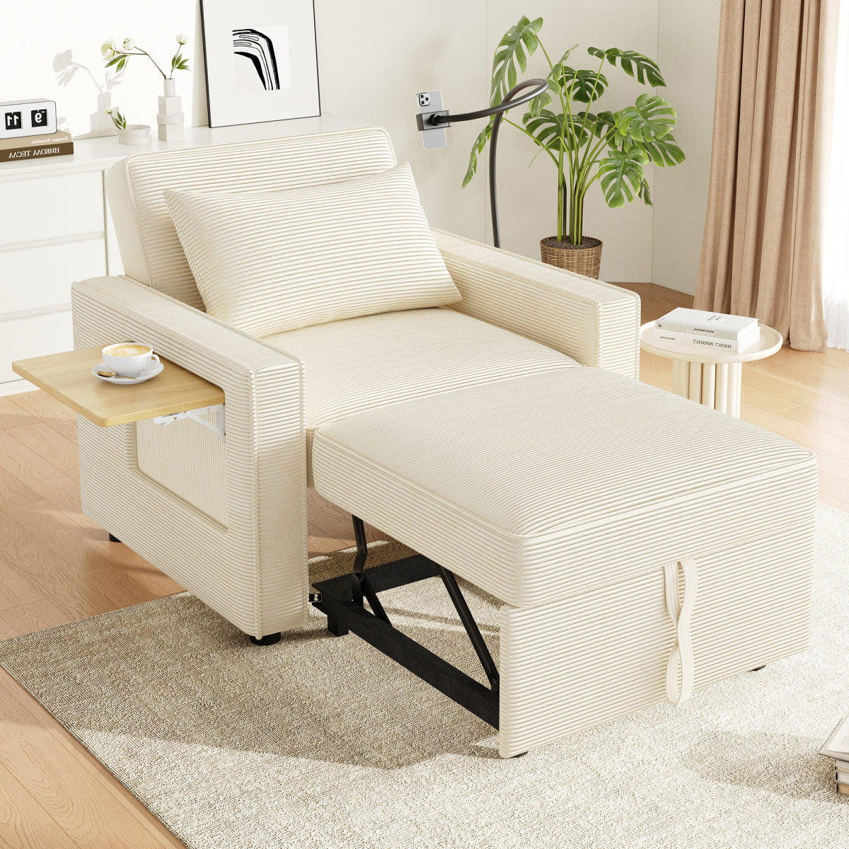 Multifunctional Foldable Sofa Bed With USB Charging Port And Mobile Phone Holder, 1 Seater Recliner Sofa Bed Convertible, Space Saving For Living Room And Bedroom, Corduroy Fabric, Beige