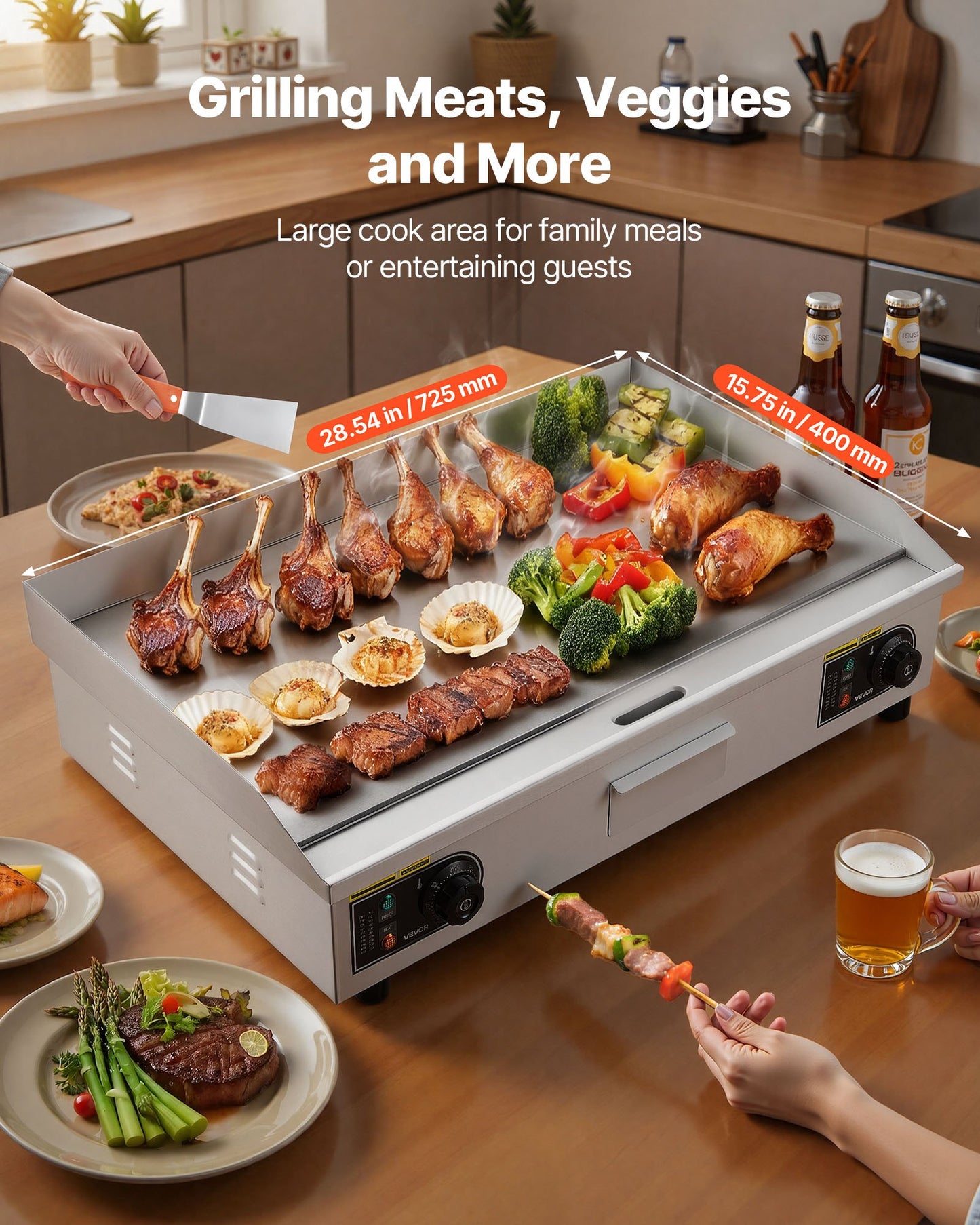 Commercial Electric Griddle, 28.54 X 15.75 Inches, 4400W, 122-570°F Adjustable Temp Control, Stainless Steel Body, Half Grooved Half Flat, With 2 Spatulas, 2 Brushes, And 4 Foot Pads, For Steak