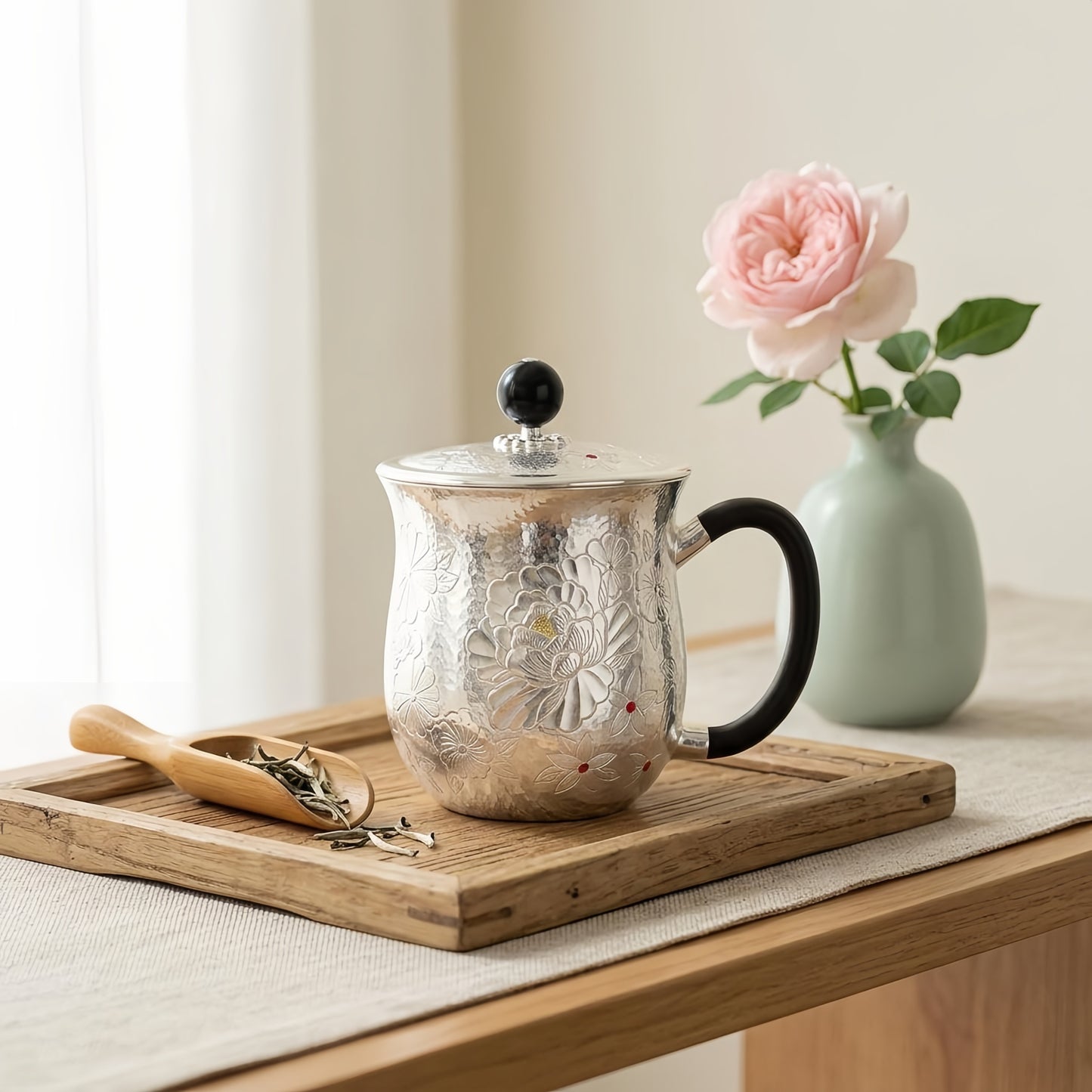 925 Sterling Silver Handcrafted Sterling Silver Peony Tea Mug with Ornate Relief and Sleek Black Handle - Handicraft