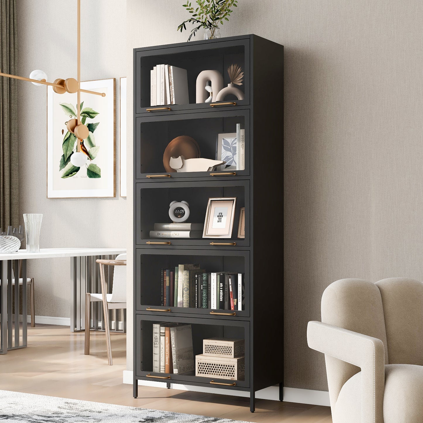 76.75  Tall Iron Display Cabinet With Glass Doors, 5-Tier Steel Barister Bookcase With LED Lights For Collectibles, Modern Style Curio Cabinet For Home Living Room Office Study & Playroom - Black