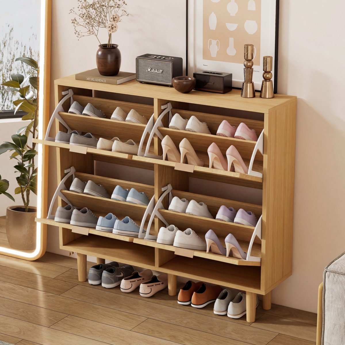 Rattan Shoe Storage Cabinet With Adjustable Shelves, 4 Flip Drawers, Elegant Wooden Design, Perfect For Organizing Shoes In The Hallway, Entryway, 10 0 X 25 X 90 Cm, Light Oak