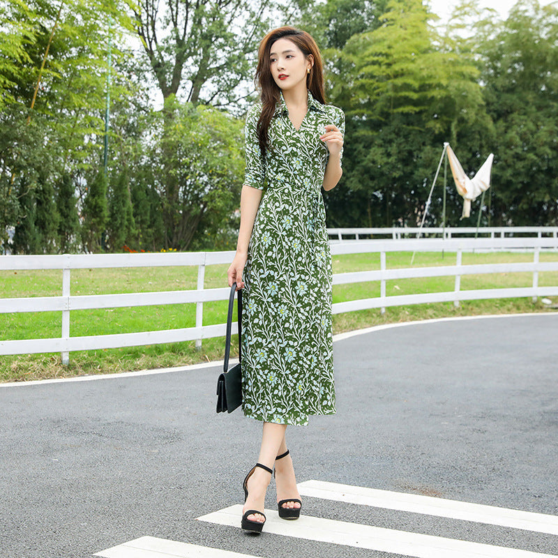 New Autumnwinter Mustard-green Velvet Floral-print Lapel Dress