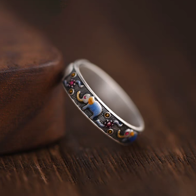 1pc 999 Sterling Silver Enamel Elephant Open Ring, Retro Ethnic Style, Perfect For Daily Wear & Valentine's Day Gift