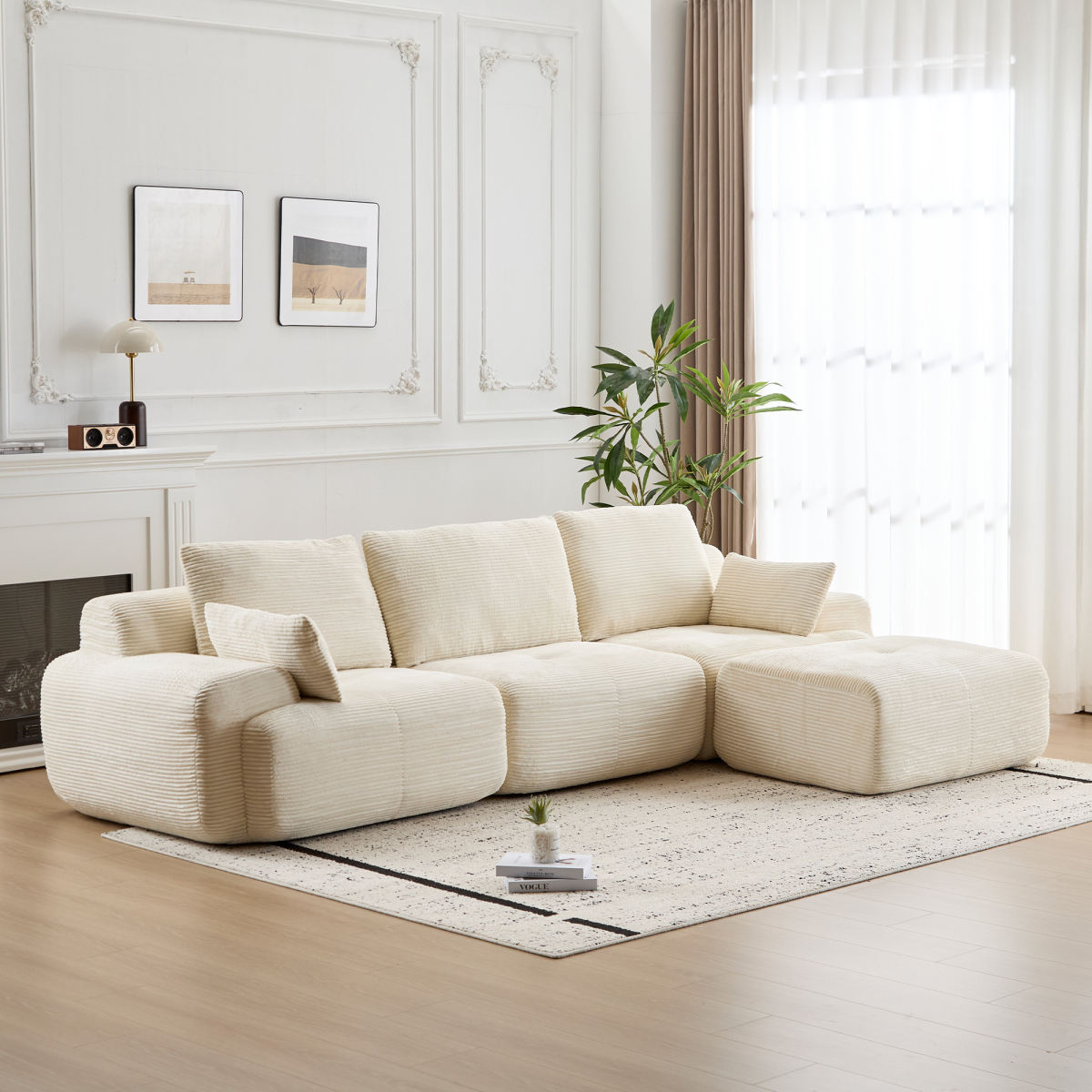 Modern Memory Foam Compressed Sofa,Large Sectional Couches For Living Room,Pet-Friendly Cloud Modular Sectional Sofa,Corduroy Fabric,Extra Deep Loveseat,No Assembly Required, BEIGE