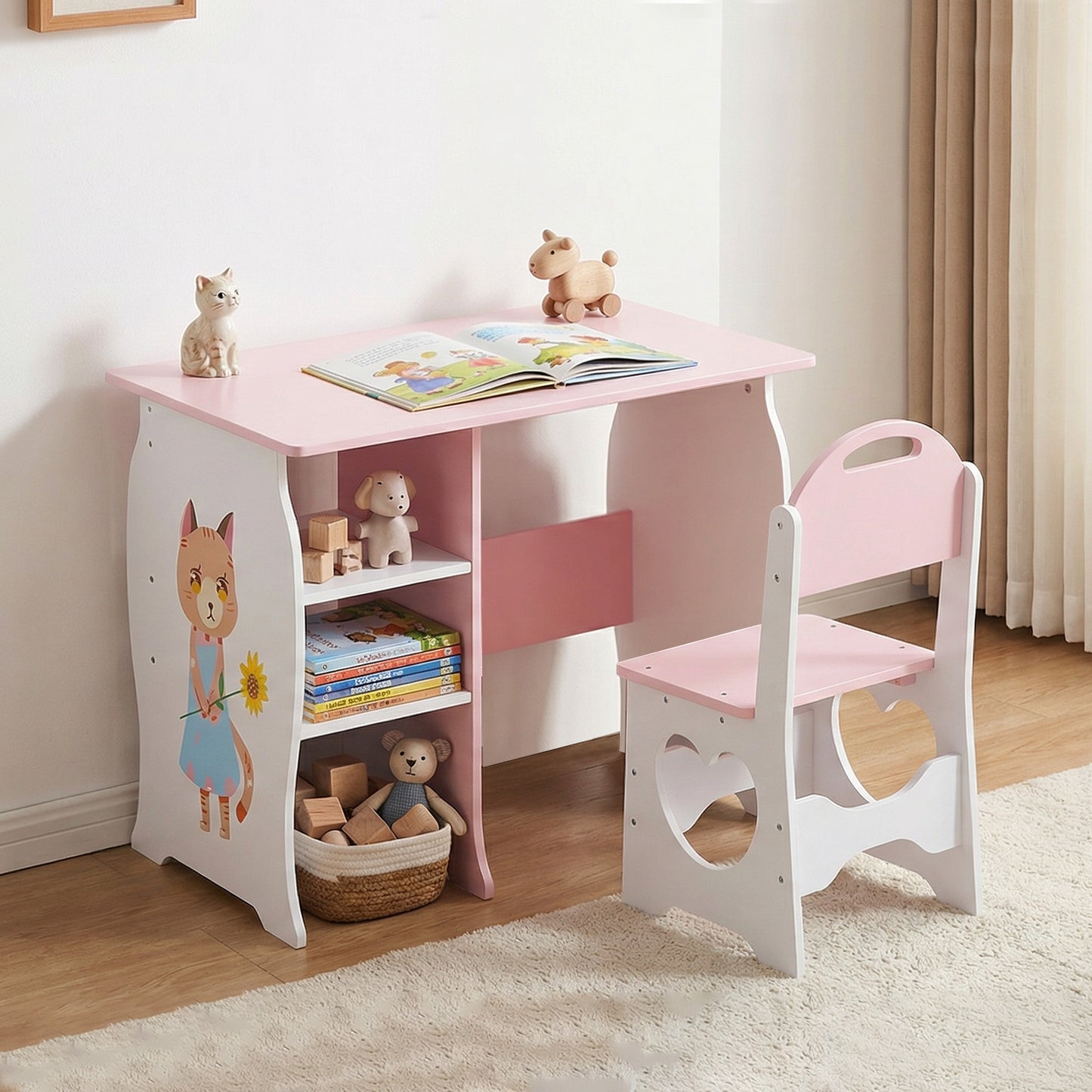 Kids Desk And Chair Set Children Study Desk With Storage Shelf Wooden Study Table And Chair For Home School Use