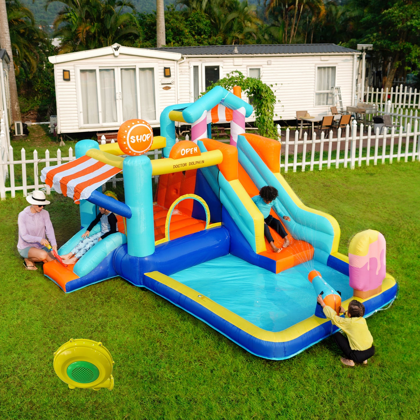With Blower Kids Bouncy Castle, Multifunctional Outdoor Water Park  Trampoline, Water Slide, Small Slide, Fountain, Water Guns, Shop Awning, Including 450W Blower