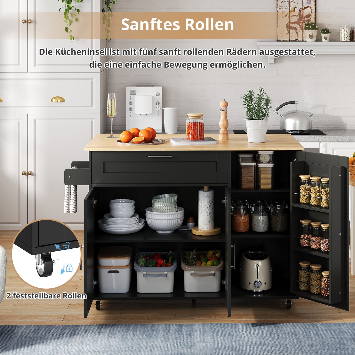 L132.5xW44-70xH90cm Large Mobile Kitchen Table, Foldable Countertop, Oak Grain, Multifunctional Cabinet, Spice Rack, Towel Rack, 5 Wheels, Suitable For Kitchen Dining Home