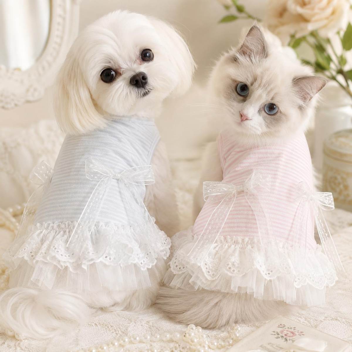 Cute Dog Dress Sleeveless, Elegant Puppy Skirts With Lace Hem, Breathable Pet Dress For Small Dog Girl Chihuahua Yorkies Tulle Birthday Party Lace Costume Tutu Apparel