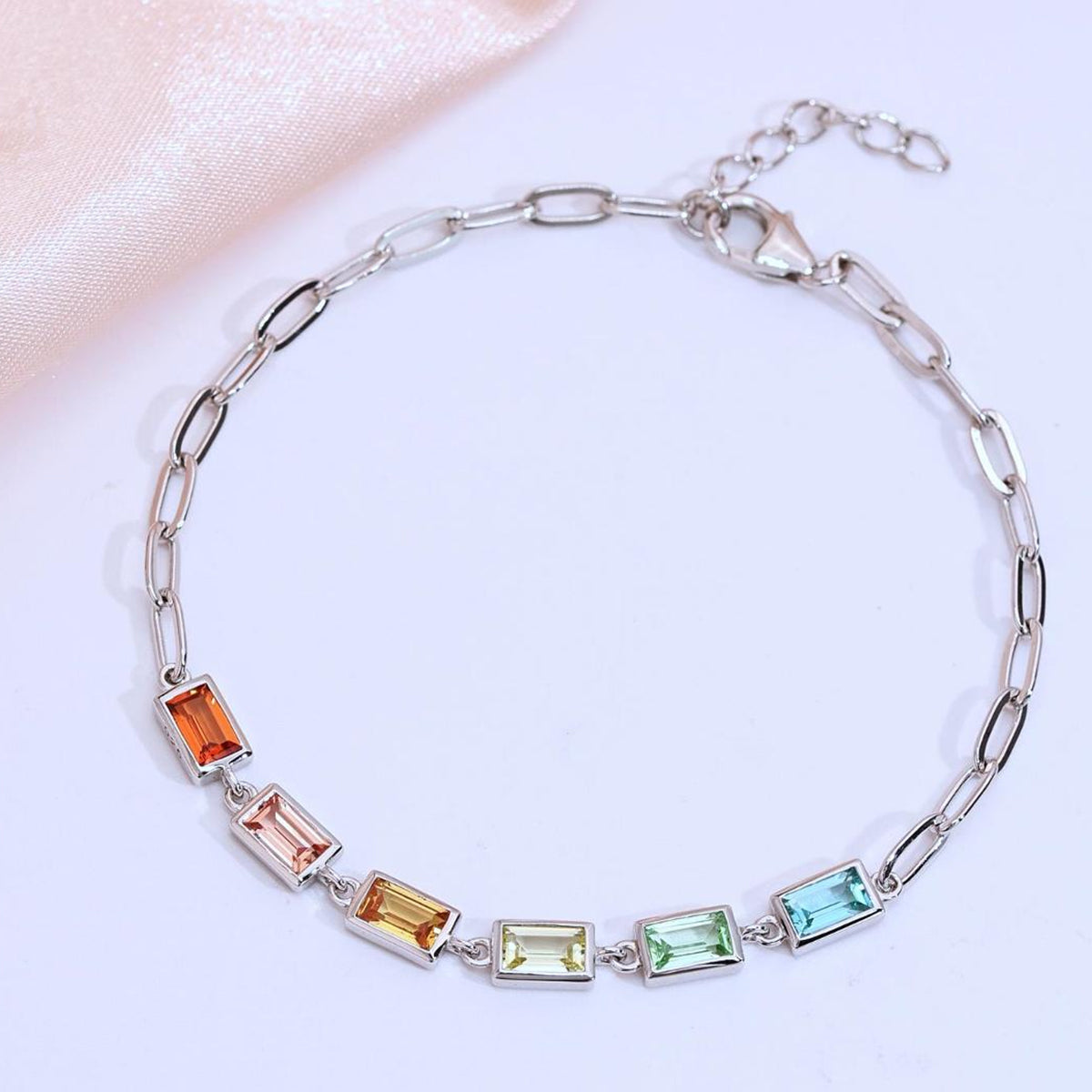 S925 Sterling Silver Rectangle Rainbow Lab-Grown Gemstone Bracelet 16cm Paperclip Chain Platinum Plated Fashion Gift Box