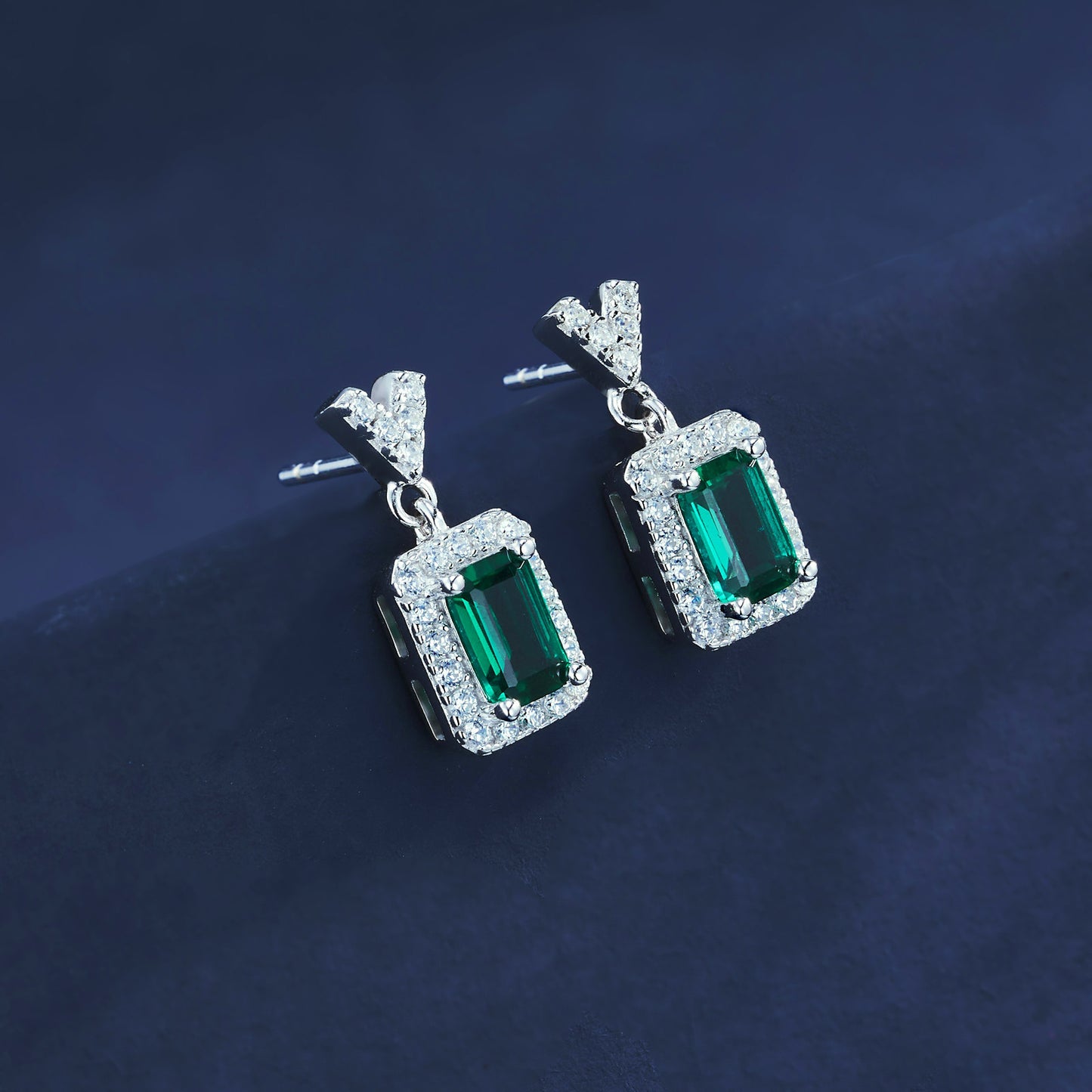 S925 Sterling Silver V-Shape Halo Drop Earrings, 6x4mm Lab-Grown Ruby & Emerald, Platinum Plated 2.6g, Women's Jewelry Gift Box