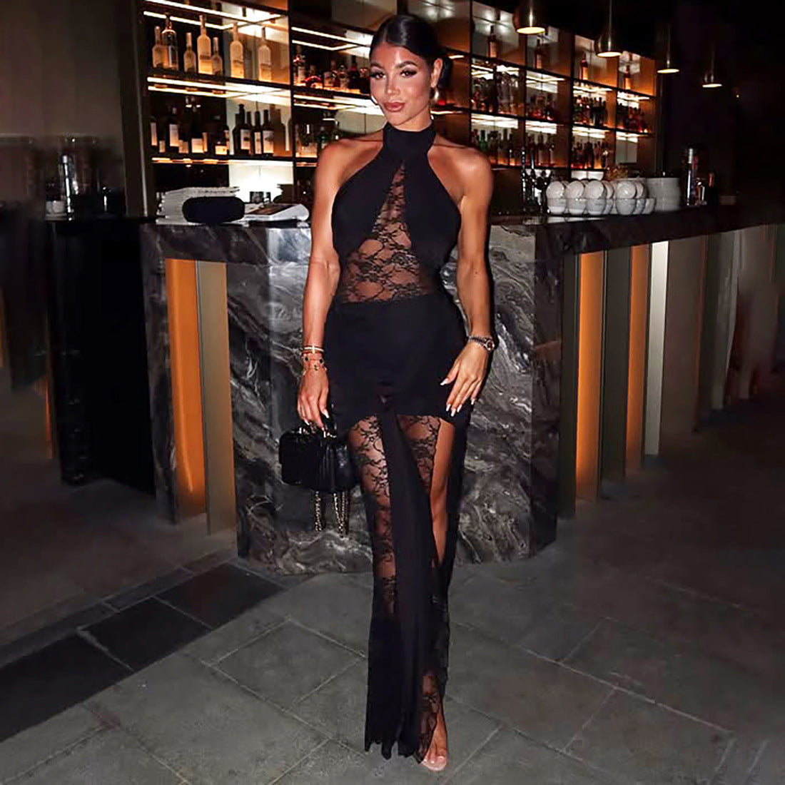 Spring New Womens Fashion Sexy Slit Lace Dress