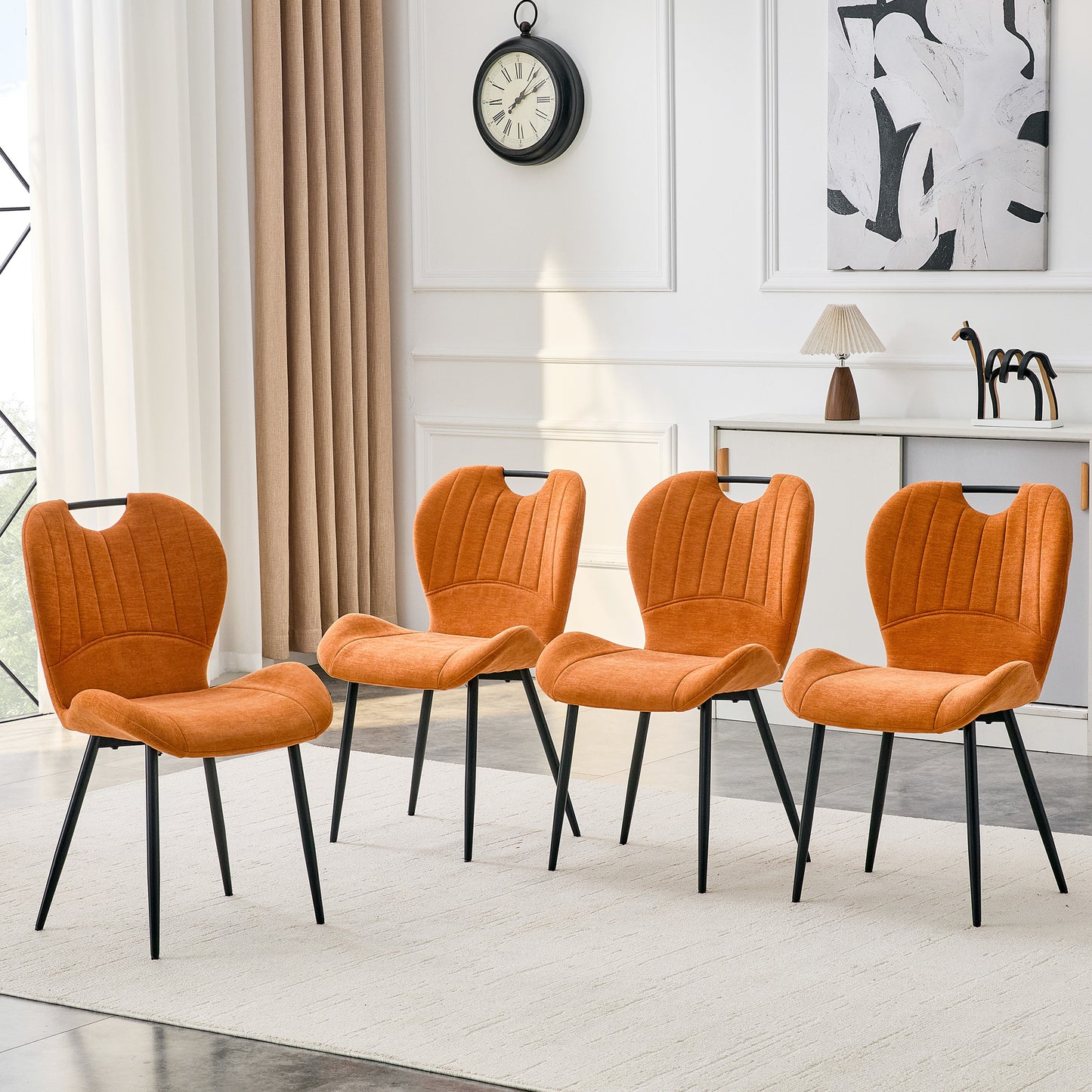 Set Of 4 Orange Fabric Dining Chairs With Integrated Handle.Black Metal Frame, Adjustable Leveling Feet. Home Dining Chairs With Extra-Wide Comfortable Cushion, Versatile For Study Or Vanity Use.