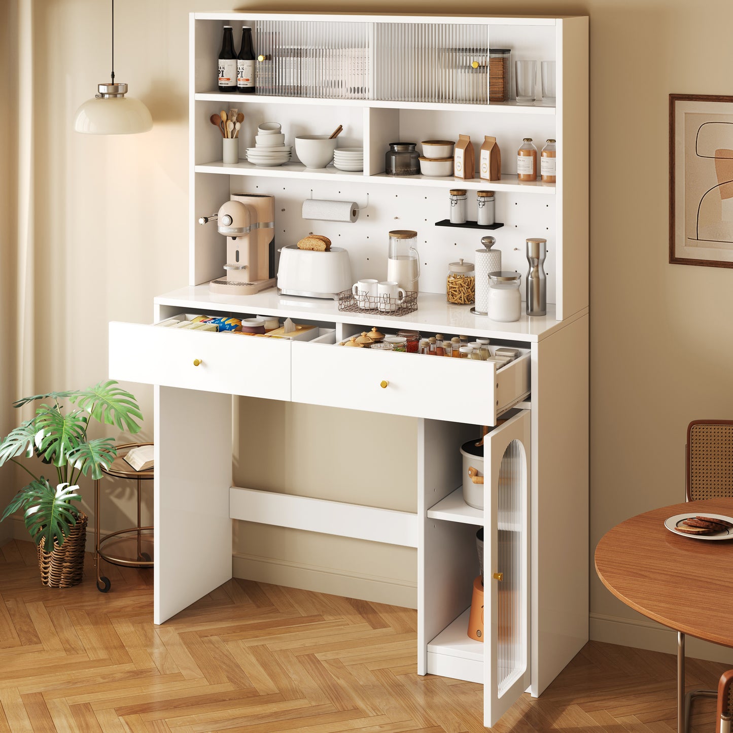 Kitchen Cabinet With Work Surface, Sideboard And Tall Cabinet, Integrated Bar Function, With Hook Rail, 2 Drawers, Adjustable Shelf And Open Storage Space, Kitchen And Dining Room Furniture In White