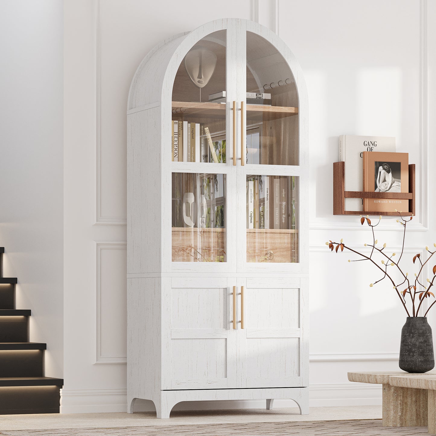 K&K 71  Tall Arched Kitchen Pantry Cabinet With Door Shelves, Farmhouse Kitchen Storage Cabinet With Open & Adjustable Shelves, Hidden Drawer & Glass Door, Cupboard For Kitchen, Dining Room, White