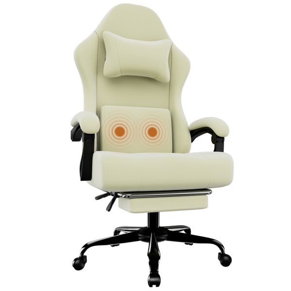 Ergonomic Gaming Chair, Video Game Chair With Massage Lumbar Support And Footrest, Height Adjustable Fabric Computer Chair With Pocket Spring Cushion, White