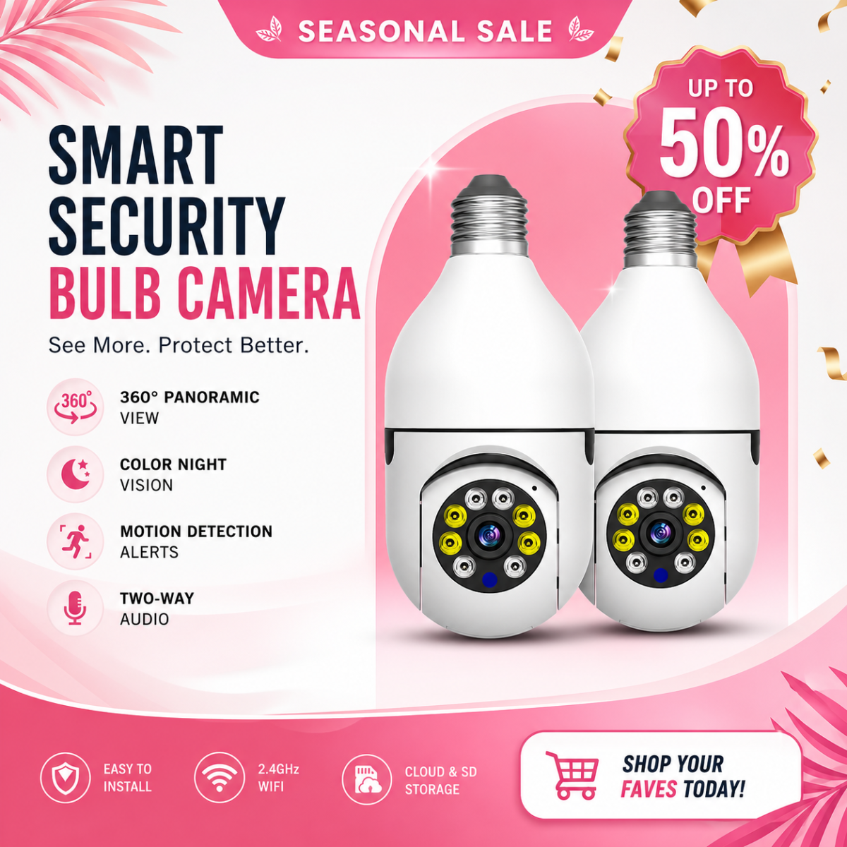 2 PCS Ease Life APP Light Bulb Security Cameras Outdoor Wireless WiFi Camera 5GHz, 360 Degree, E27 Light Socket Screw In Securi