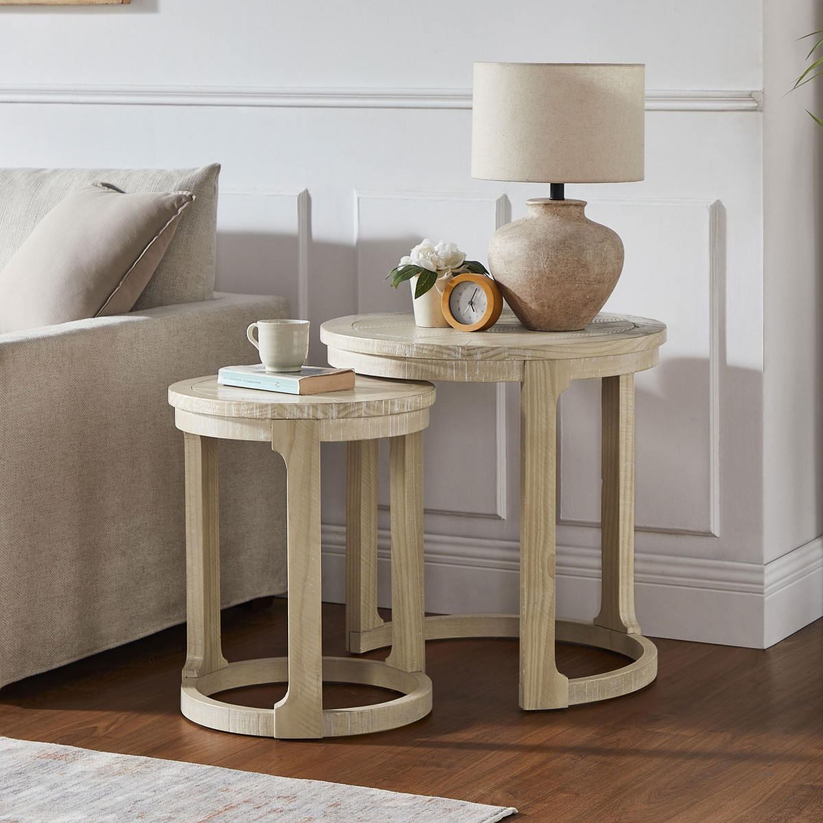 24 inch 2PCS Curved Traditional Round Circle Wooden Coffee Table Set,Mid Century Rustic Style Side Table,End Table for living Room,Office,Apartment,Oak Color