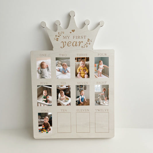 Crown Wooden Baby First Year Photo Frame, My First Year 12 Months Milestone Picture Board, Newborn Monthly Growth Keepsake Decor